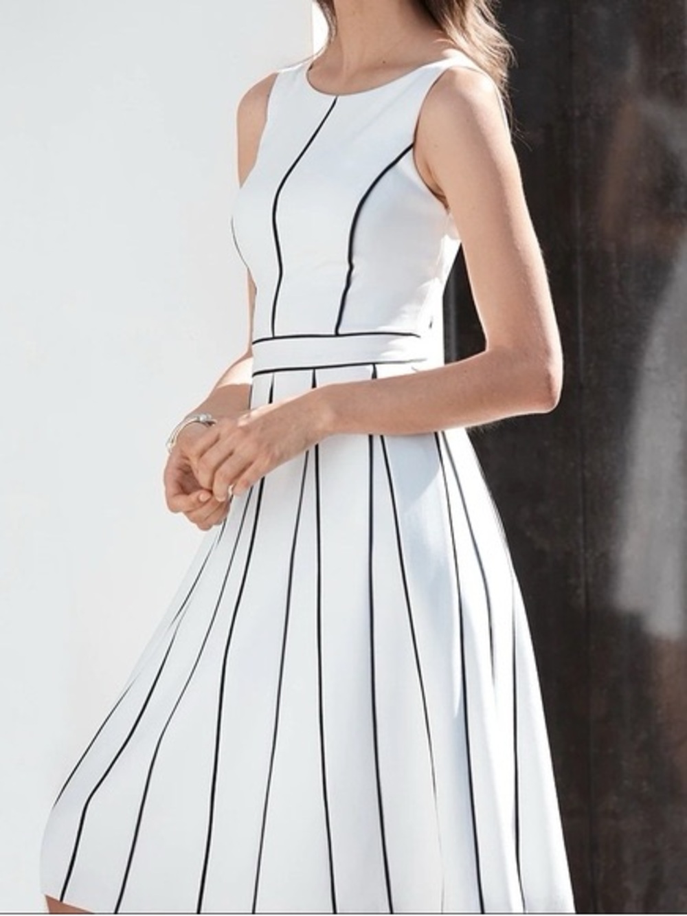 White House Black Market White Midi Dress with Black Vertical Stripes - Picture 1 of 6